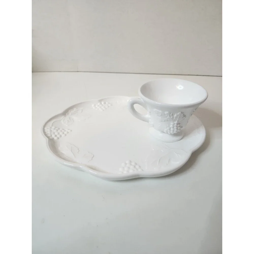 Milk Glass Snack Plate And Cup Set